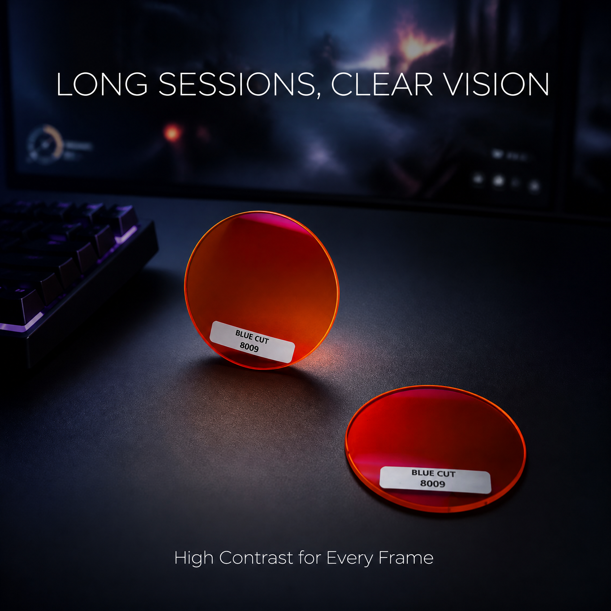 1.56 Two-piece 2C Base Curve 8009 Orange Red Tint High Contrast Anti Blue Light Resin Optical Lenses HMC Multi Layer Coating