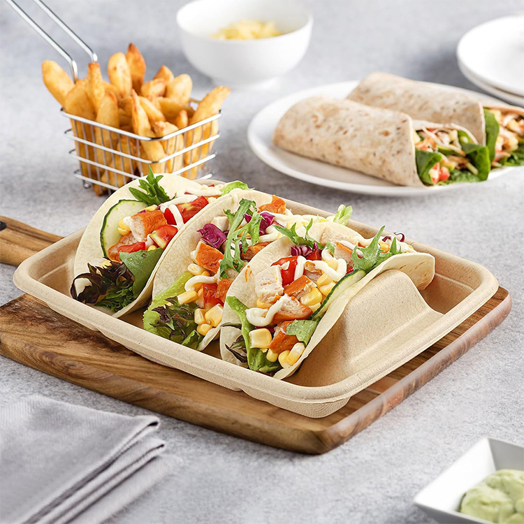 New Style 3-Compartment Environmentally Friendly Sugarcane Food Contact Taco Box Mexican Taco Boxes With Clear Lid