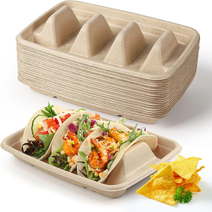 New Style 3-Compartment Environmentally Friendly Sugarcane Food Contact Taco Box Mexican Taco Boxes With Clear Lid
