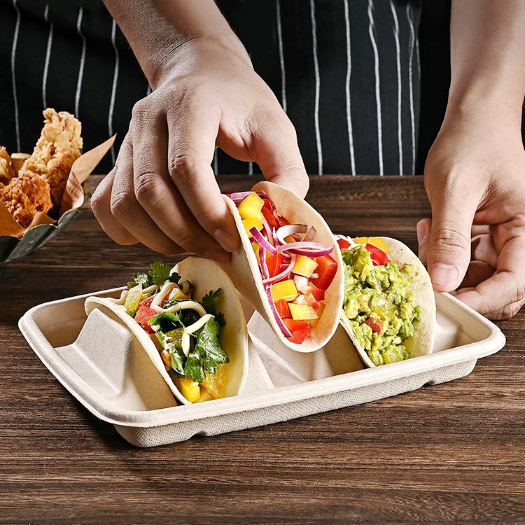 New Style 3-Compartment Environmentally Friendly Sugarcane Food Contact Taco Box Mexican Taco Boxes With Clear Lid