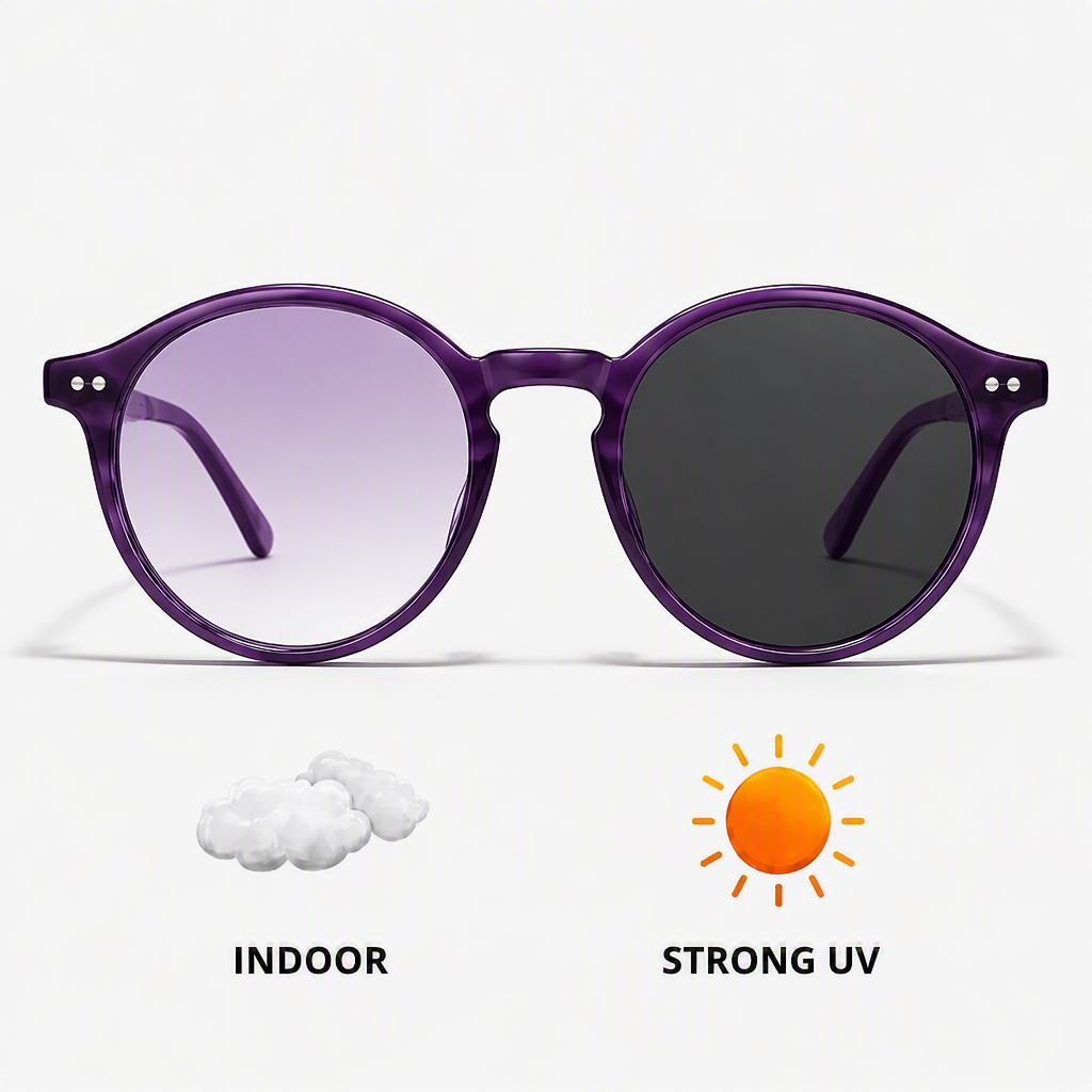 1.56 Dyed Gradient Photochromic UV400 Two-piece Lens Purple Color Changing Turns Gray Outdoors Fashion Eyewear Wholesale